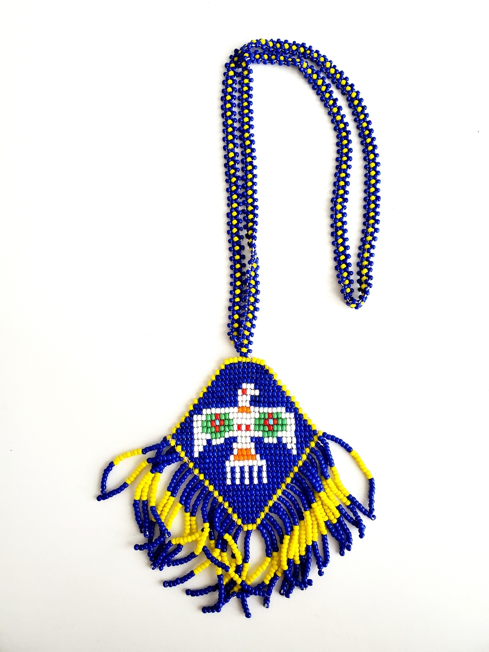 Native American Vintage Handmade Blue and Yellow Beaded Thunderbird  Necklace